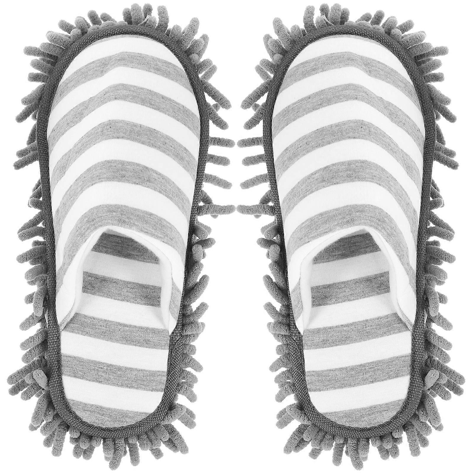Washable Chenille Mop Slippers Reusable Dust Mop Shoes High Water Absorption Comfortable Floor Sweeping Covers for Men Women Grey Stripe