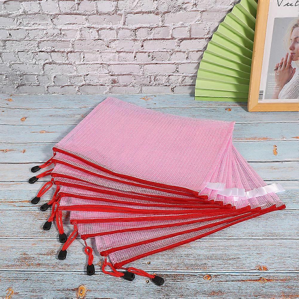 10pcs Mesh Zipper Bag A4 File Folder PVC Transparent Information Pack Document OrganizerLight Pink
