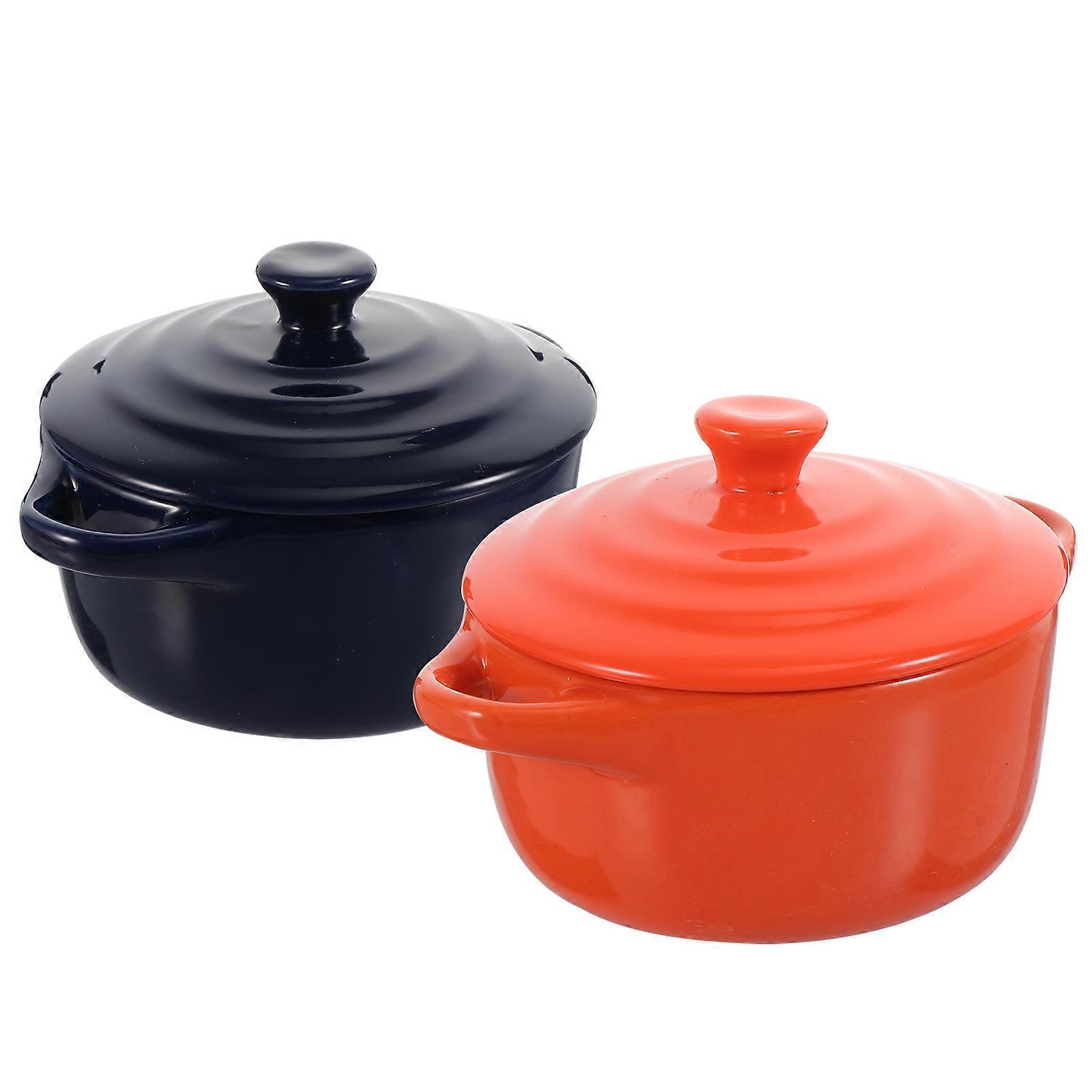 Ceramic Food Bowls Set With Lid For Home Use Featuring Round Design And Double Handle Insulation In Assorted Color 2Pcs