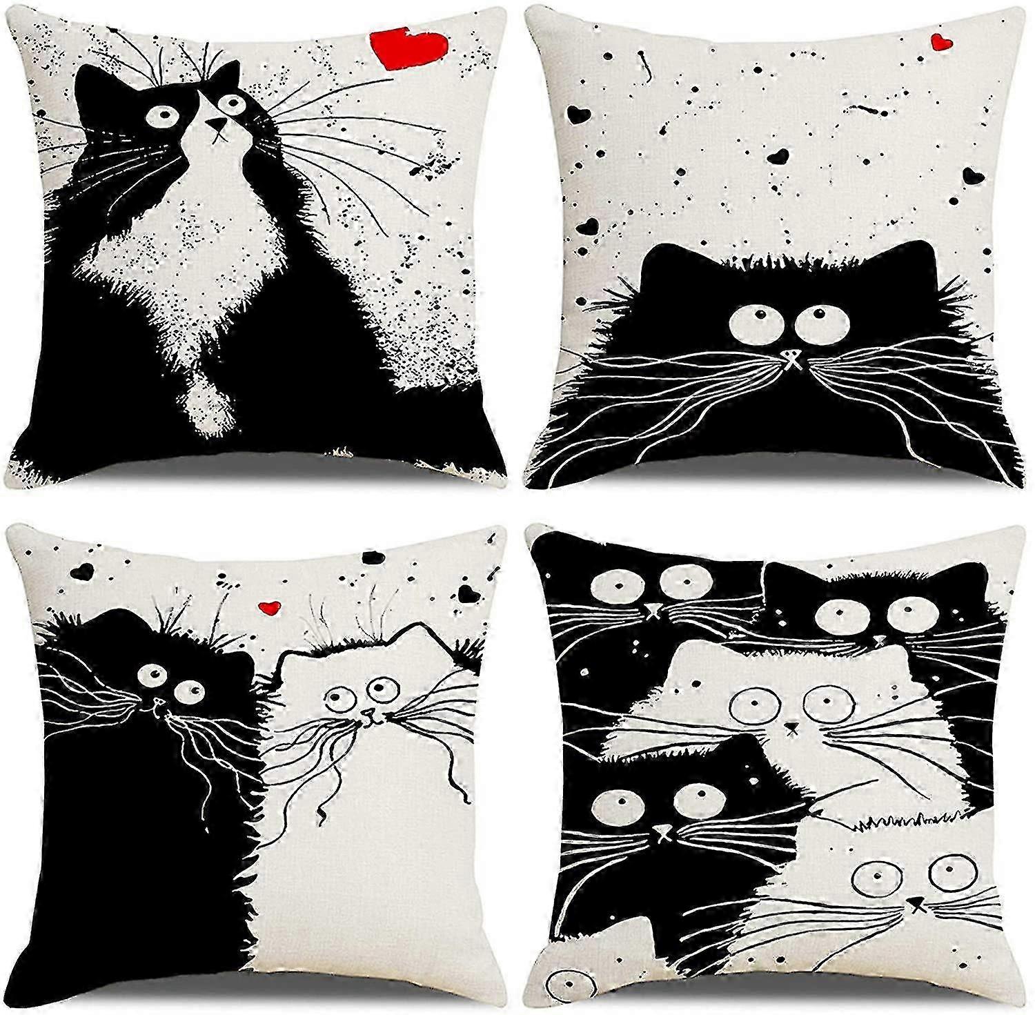 Pack Of 4 Cushion Covers, Cat Pattern Cotton Line Pillow Cases For Sofa 45x45 Cm