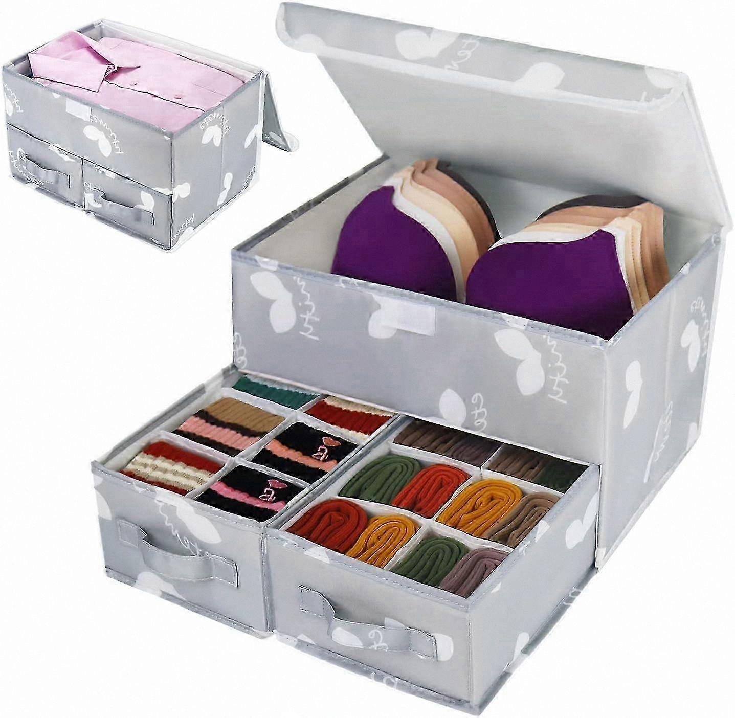 Foldable Fabric Drawer Organizer with Lid - Wardrobe Storage Boxes with Dividers for Clothes and Socks, Closet Organizer Solution