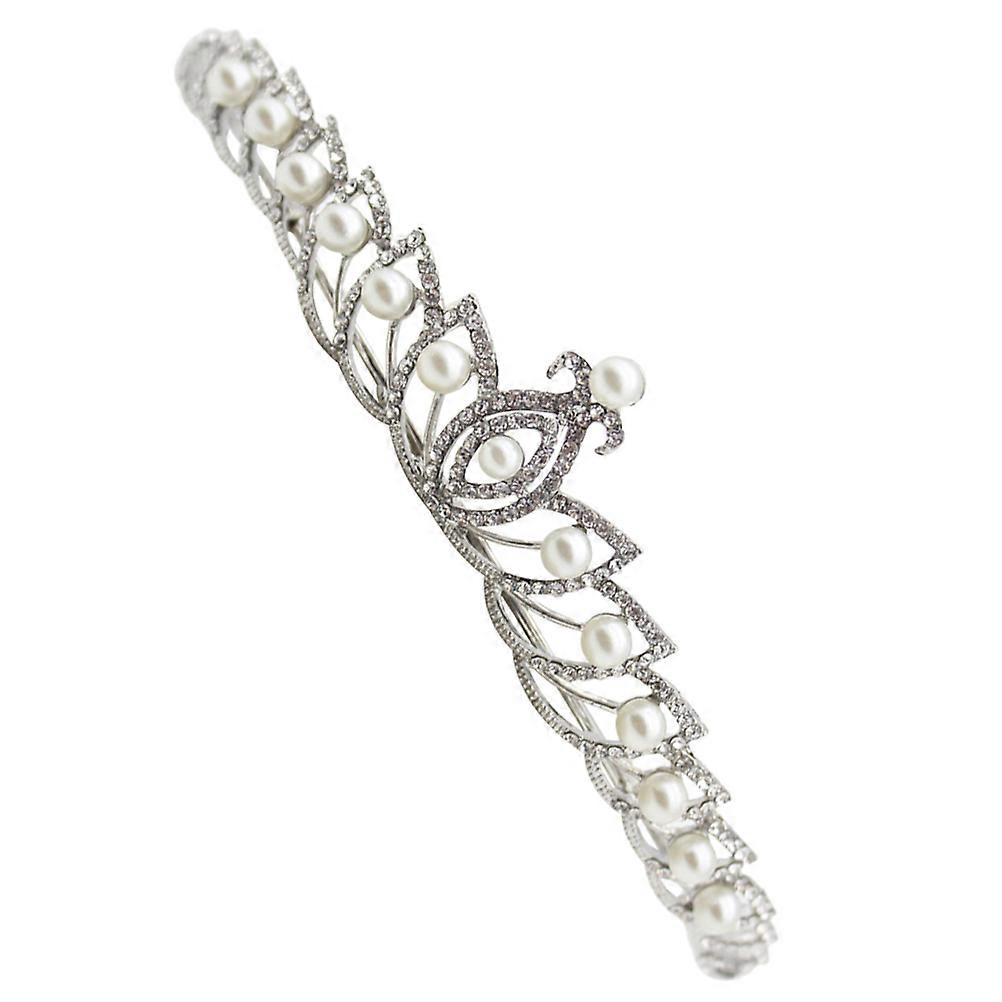 Stylish Pearl and Rhinestone Crown for Decoration Silver Color Alloy Material