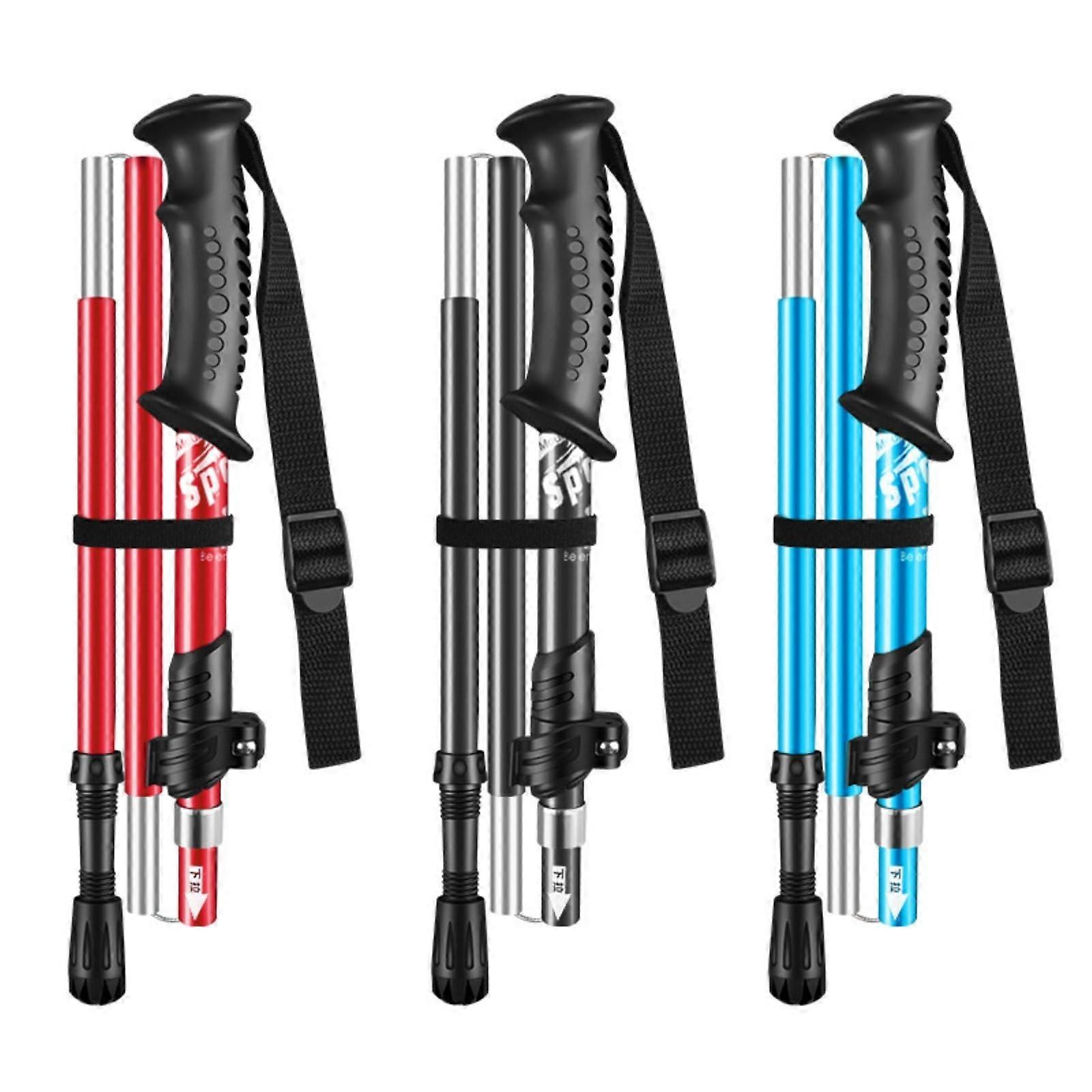 Ultra light folding aluminum alloy five section mountain climbing stick telescopic cane Red  Straight Handle  Short Style 150172