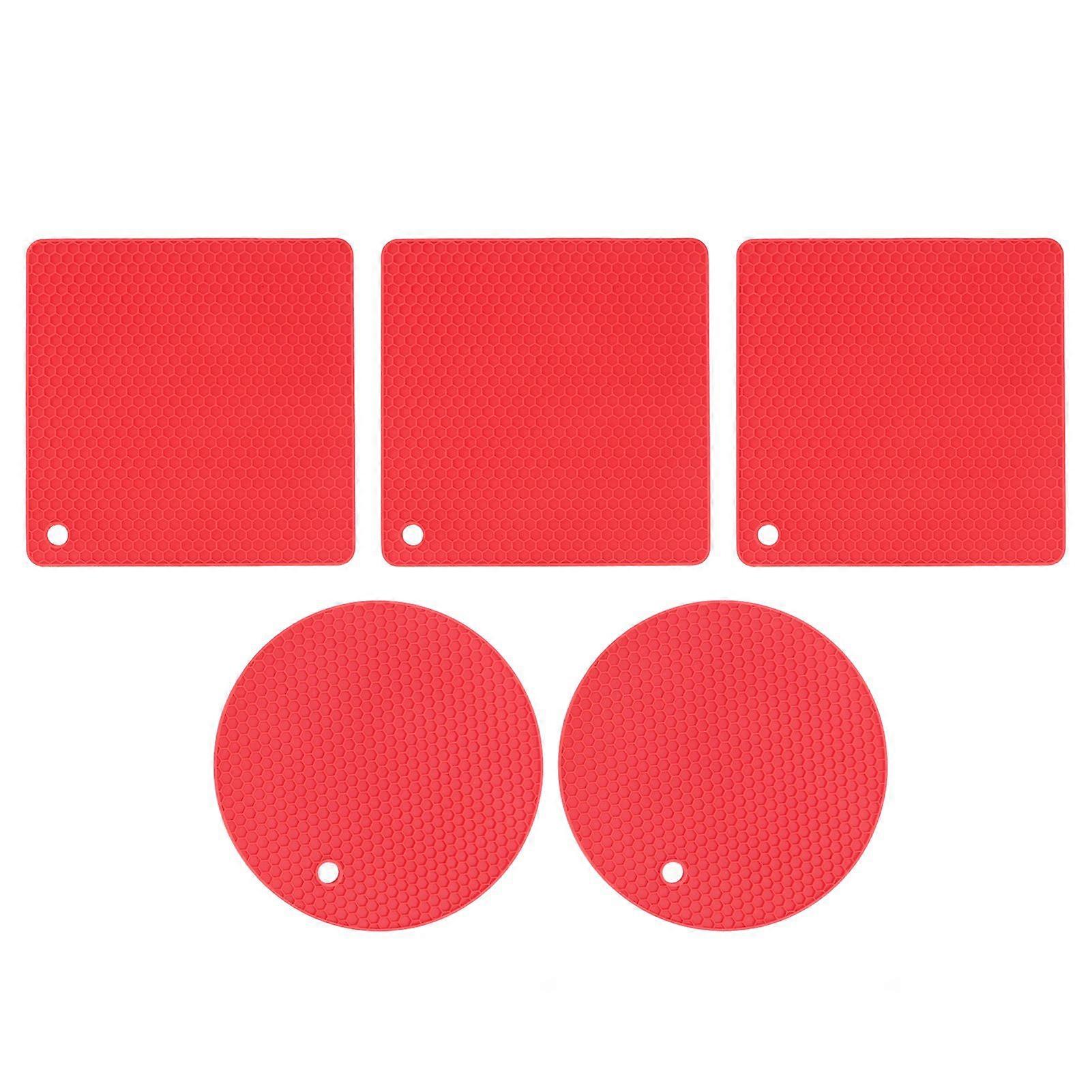 5 Multipurpose Silicone Honeycomb Mats, 2 Round and 3 Square, for Hot Dishes, Tables, Red