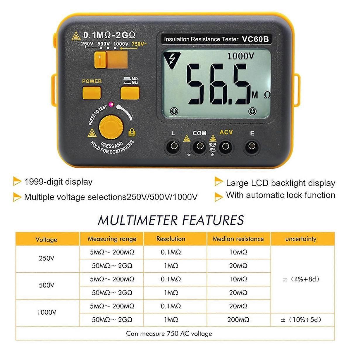 VC60B Digitaler Isolationswiderstandstester, elektrisches Megaohm-Messgerät Multimeter zur Messung der Wechselspannung