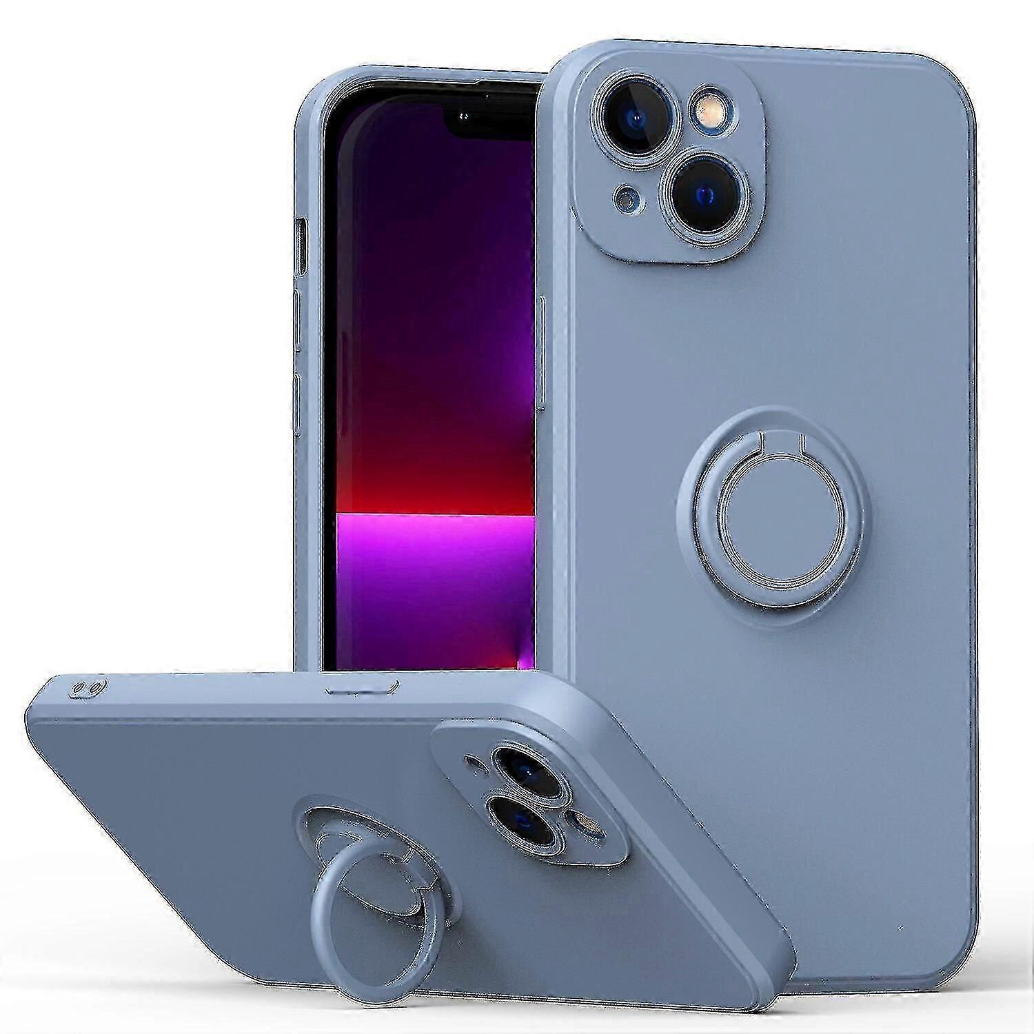 Simple Color Phone Case For Iphone 13 With Ring Stand, Metal Plate For Magnetic Charging, Shock Absorption Design, 360 Rotating Stand