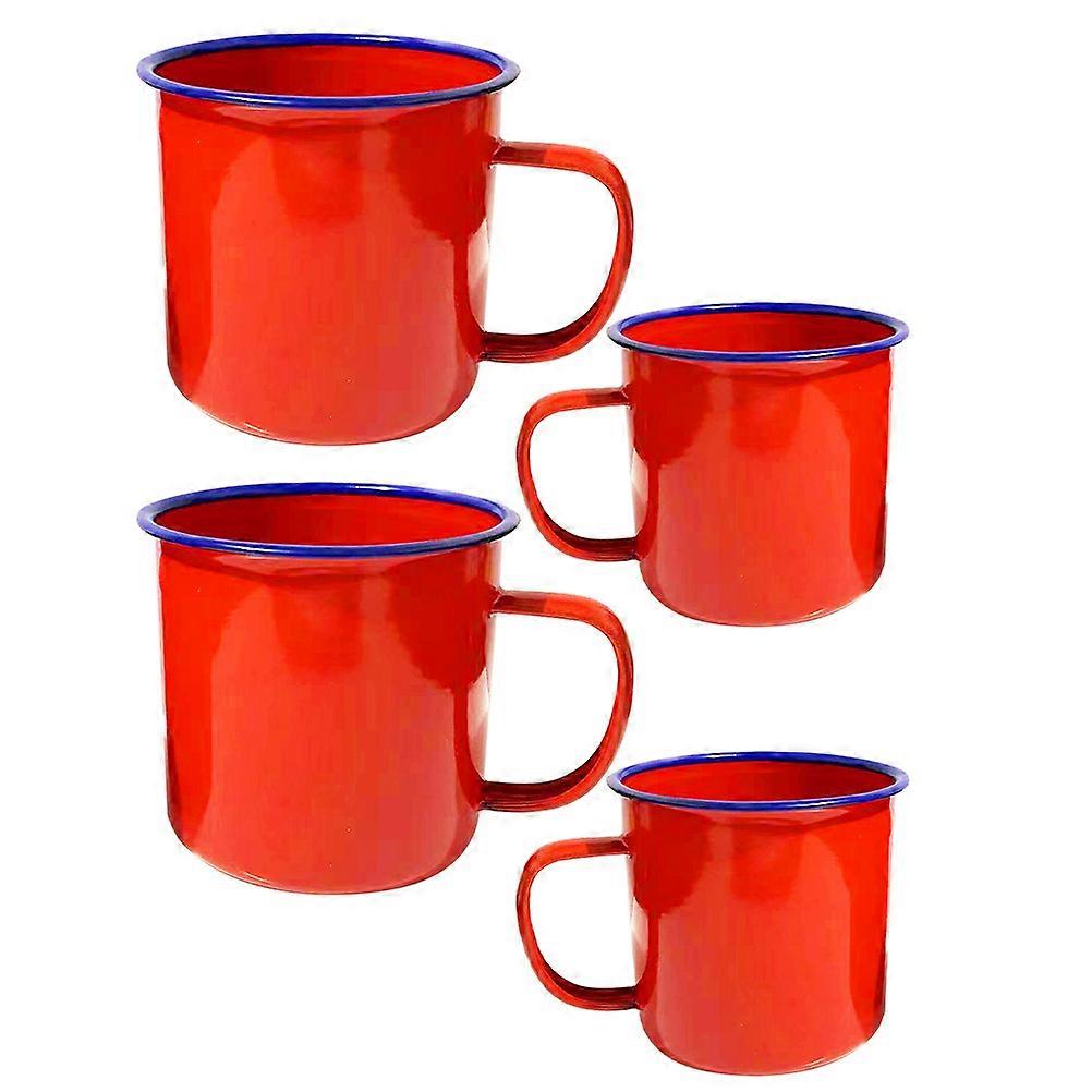 Red Enamel Drinking Cups 4 Pcs Perfect For Coffee Shops Featuring Vintage Style Round Shape Designed For Beverage Storage