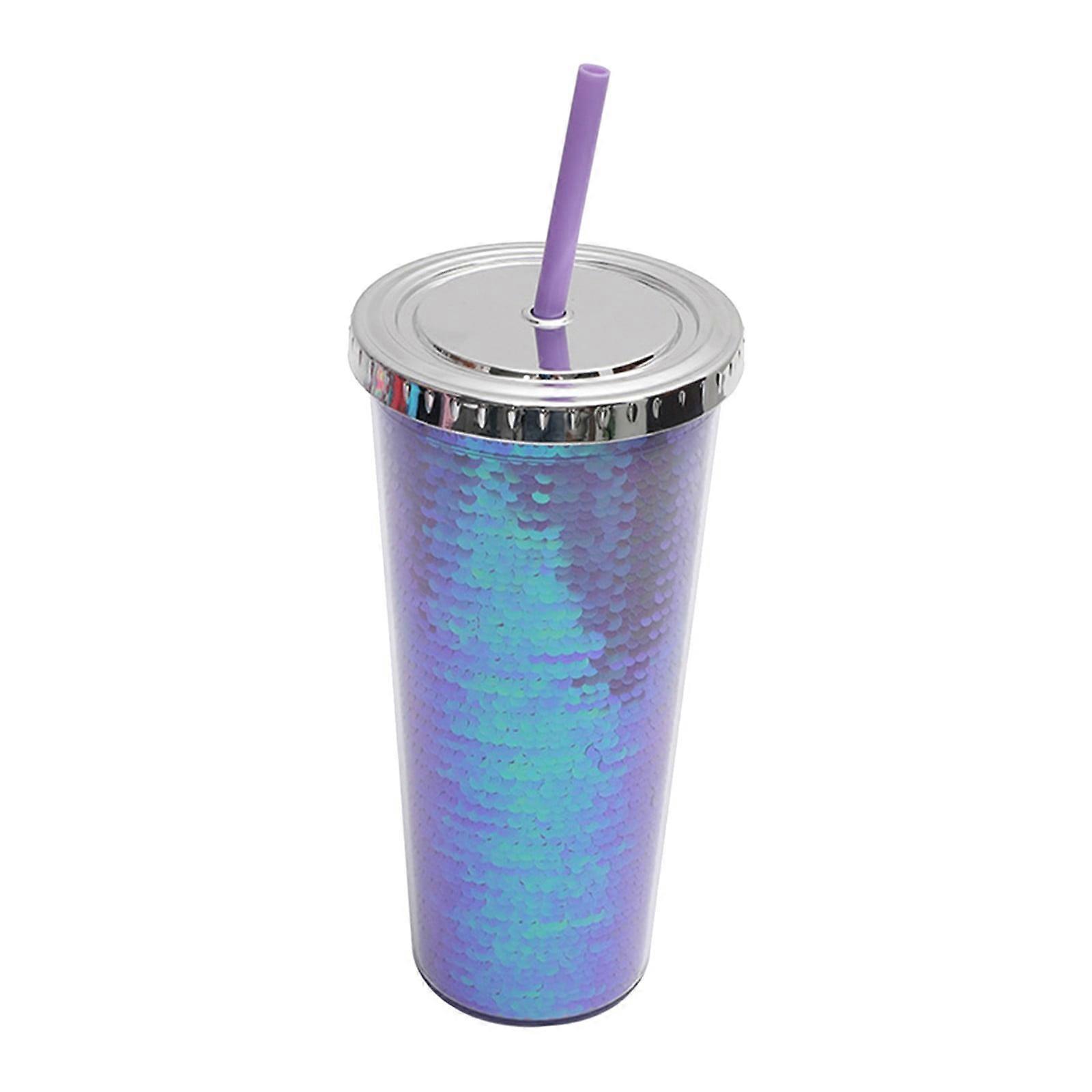 XIUH Kitchen Supplies，Kitchen Tools Double Layer Plastic Cup Sequins Straw Cup Creative Summer Cold Drink Water Cup
