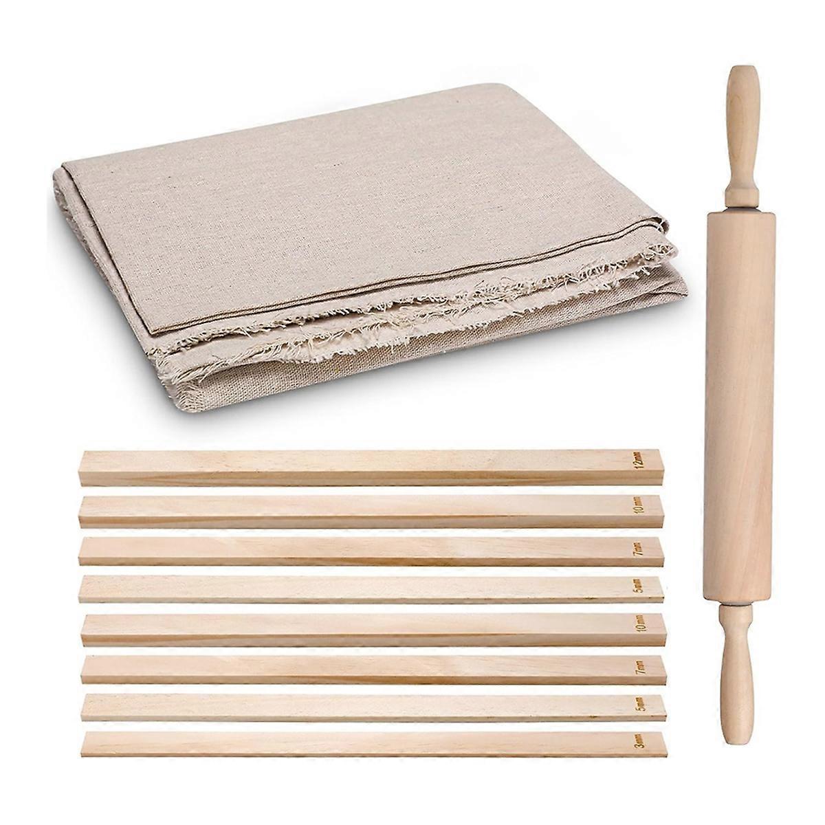 12 Pcs Pottery Tools 1 Wood Rolling Pin 1 Pottery Wedging Board/Linen Tablecloth and 10 Pcs 5 Size Teaching Rolling