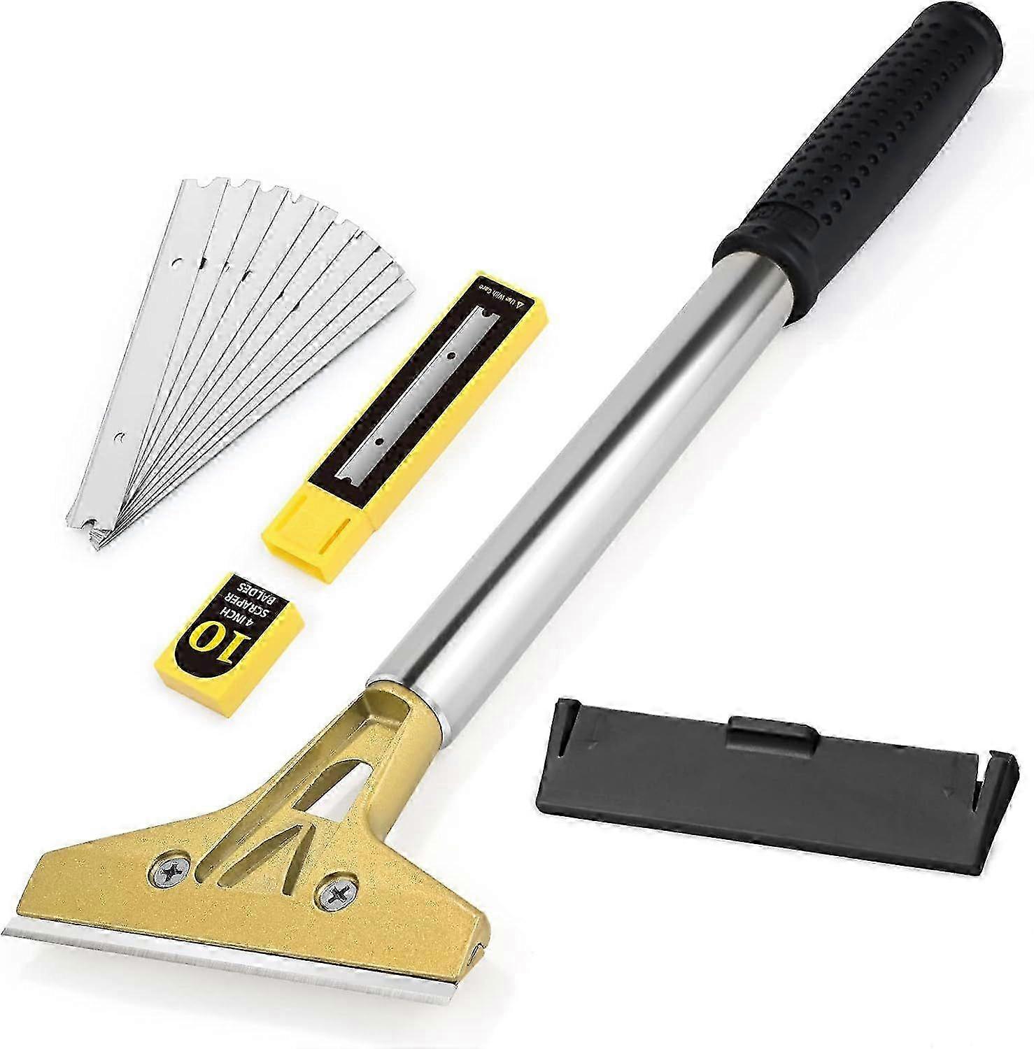 25-26 Window Scraper with 10 Blades, Paint Scraper with 13 inch Long Handle, 100mm Blades, for Tiles, Wallpaper, Glue, Mirror, Hob