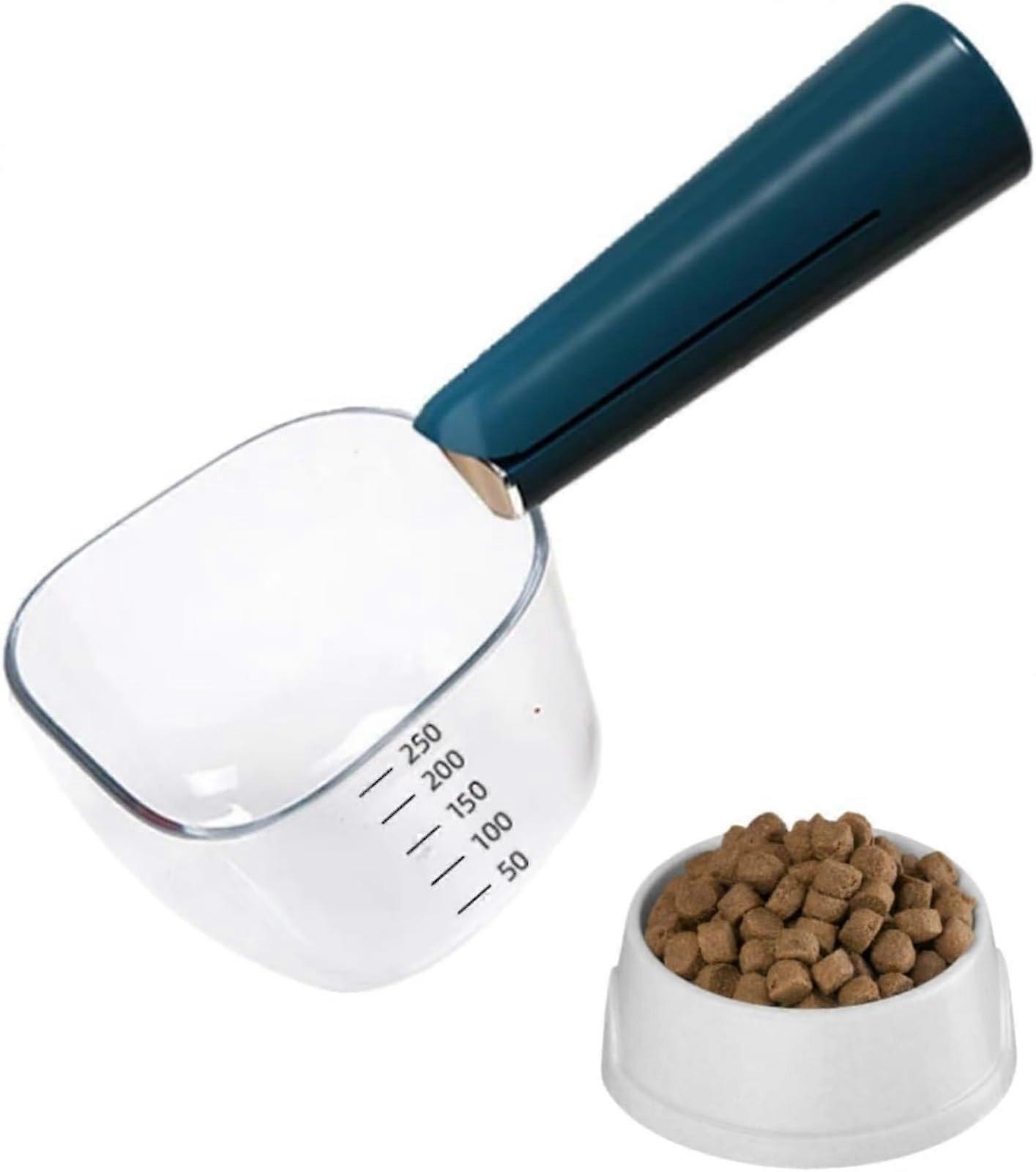 Pet Food Measuring Scoop with Sealing Clip 2 in 1 Long Handle for Accurate Portion Control Blue