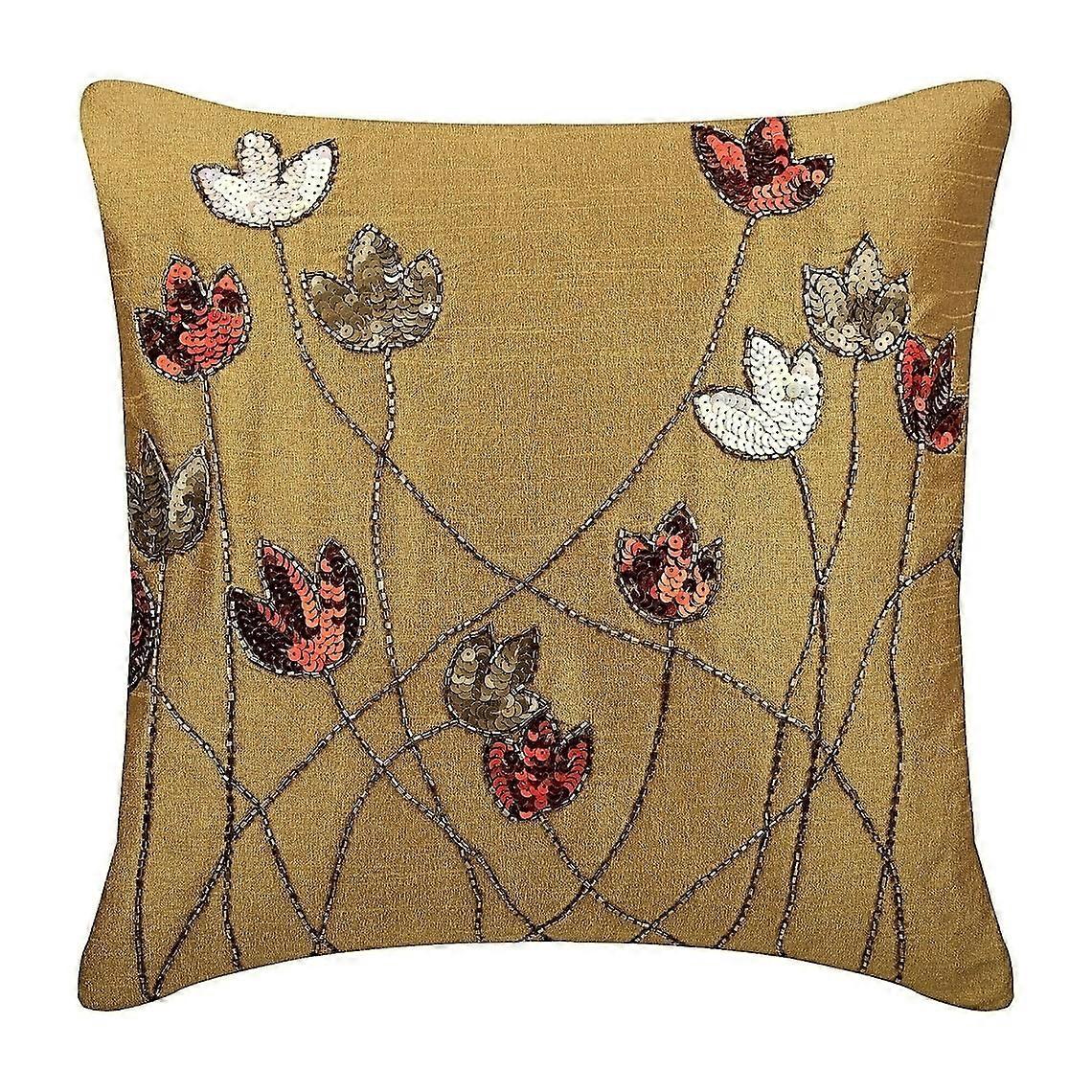 HomeCentric Decorative Pillow Cover Set of 2, 18x18 inch, Gold Sequins Beaded Tulip Flower, Compatible with Sofa & Couch, Square Silk-Tulip Sparkle
