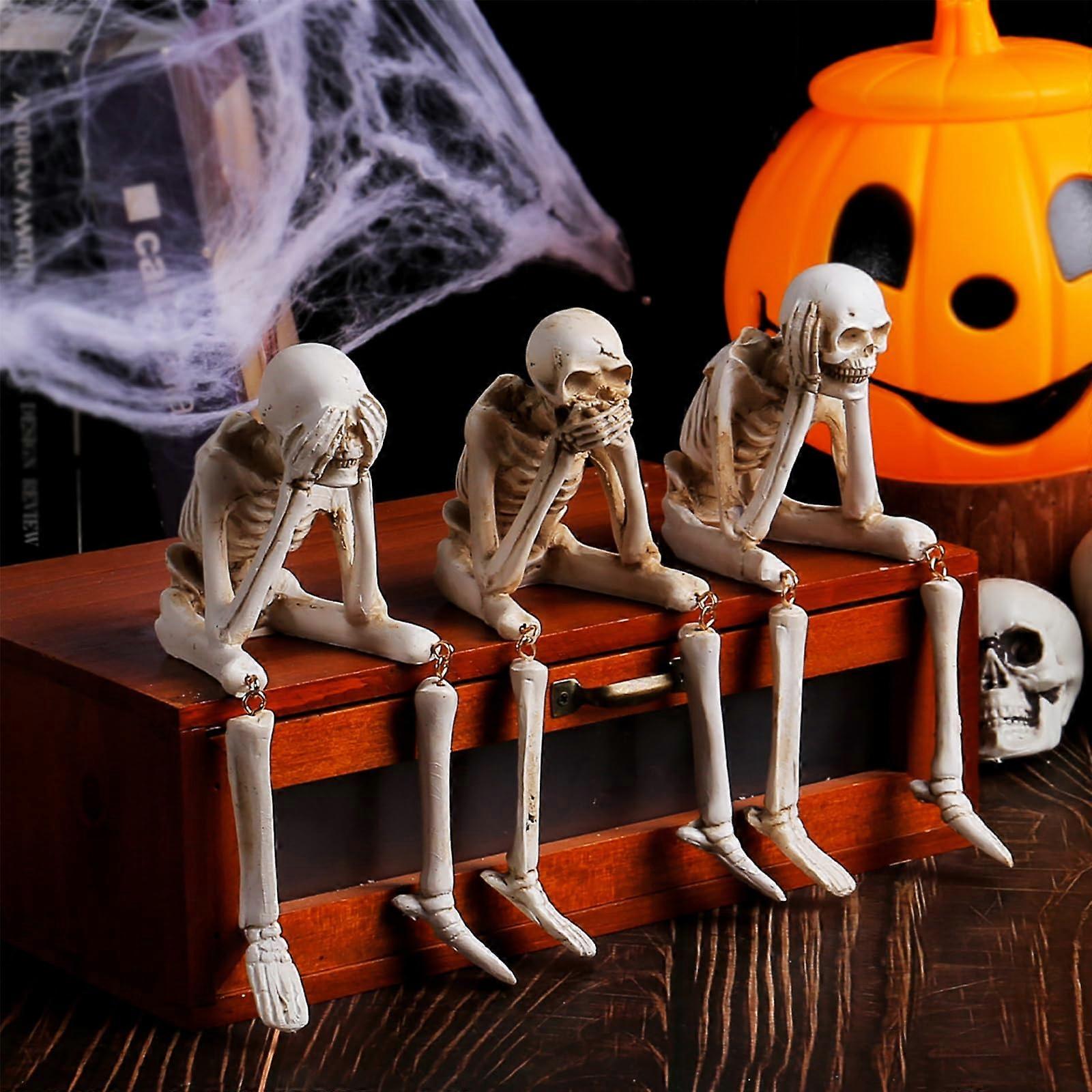 Halloween Skeleton Decorations Set of 3 See No Evil Hear No Evil Speak No Evil Resin Figurines