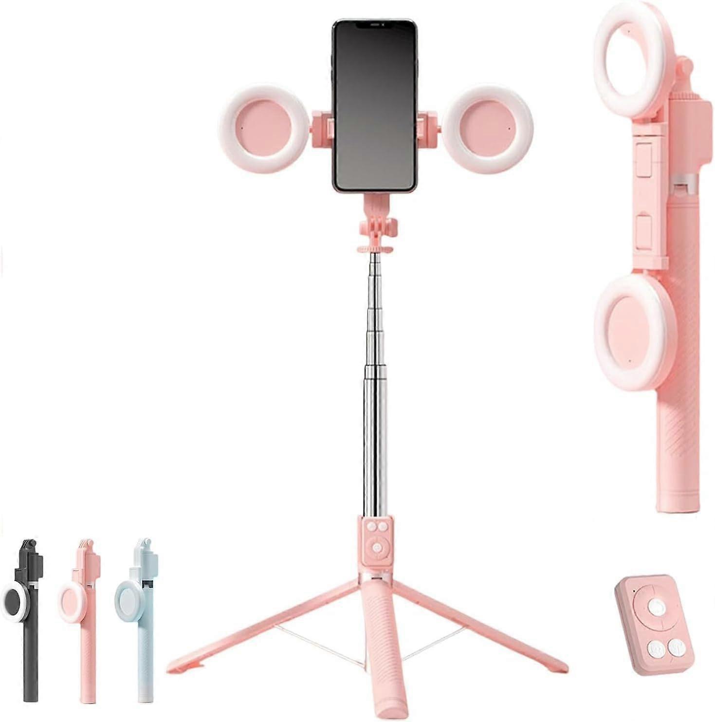 Selfie Stick Tripod with Dual Fill Light, Bluetooth Remote, Face Tracking, Waterproof, Pink