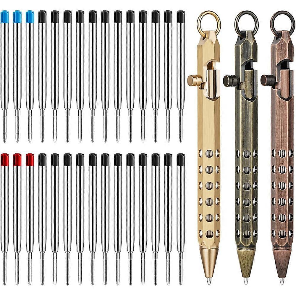 3Pack Bolt Action Pen Set, Hexagonal Solid Brass Pocket Pen with 30 Ballpoint Refills A