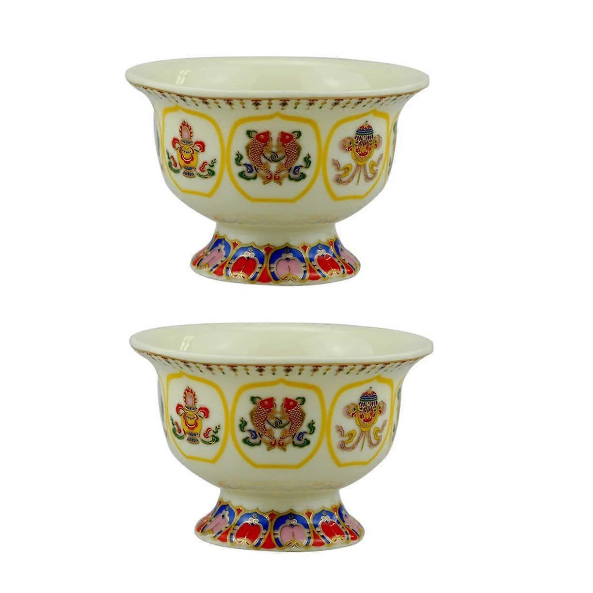 2pcs Ceramic Buddhist Offering Bowls with Auspicious Pattern for Temple Rituals and Altar Use