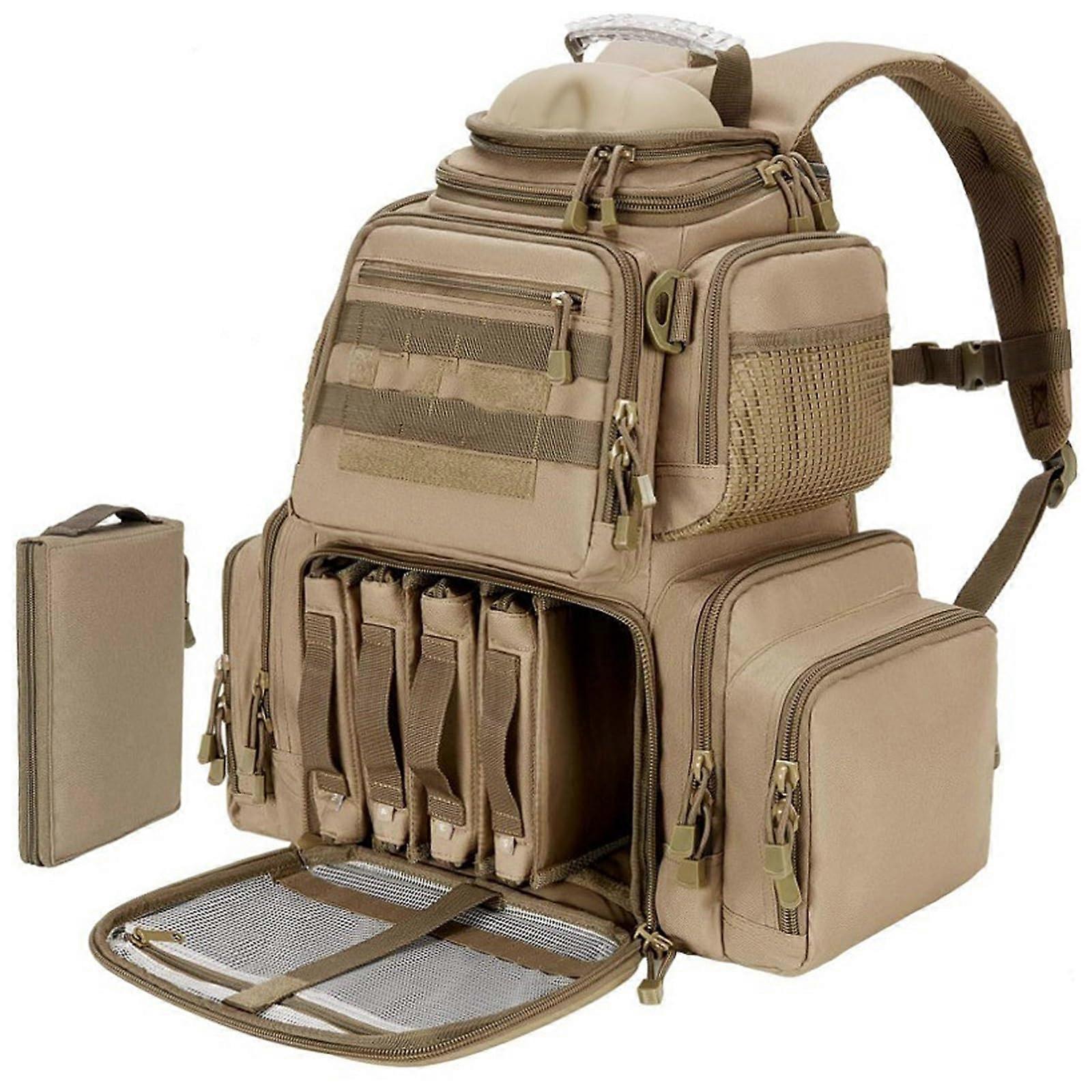 Waterproof Tactical Range Backpack for Pistols and Ammo with Removable Pistol Cases Brown