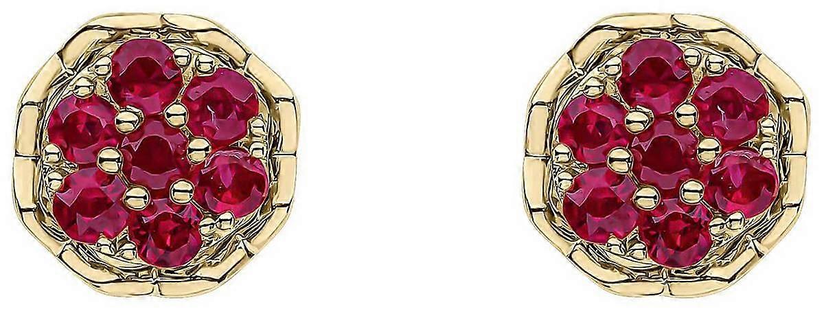 Elements Gold Seven Stone Ruby Cluster 9ct Gold Earrings - Gold/Red