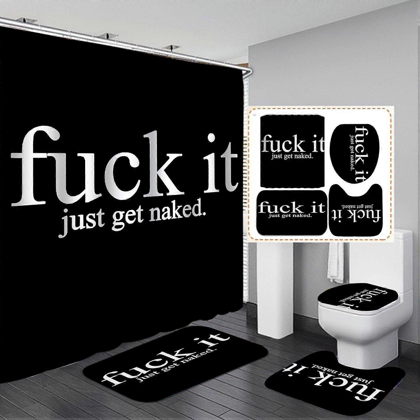 Black Bold Text Polyester Waterproof Shower Curtain Set