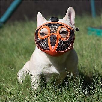 Short Snout Dog Muzzles- Adjustable Breathable Mesh Bulldog Muzzle for Biting Chewing Licking Grooming Dog Mask.Orange(Eyehole) M