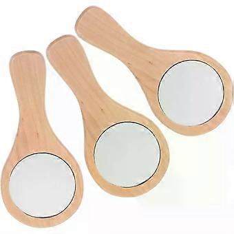 3 espelhos de mão portáteis, compactos para maquiagem, com cabo de madeira e superfície de vidro, formato redondo, acabamento em madeira natural, ideais para levar na bolsa ou usar no escritório, para mulheres.
