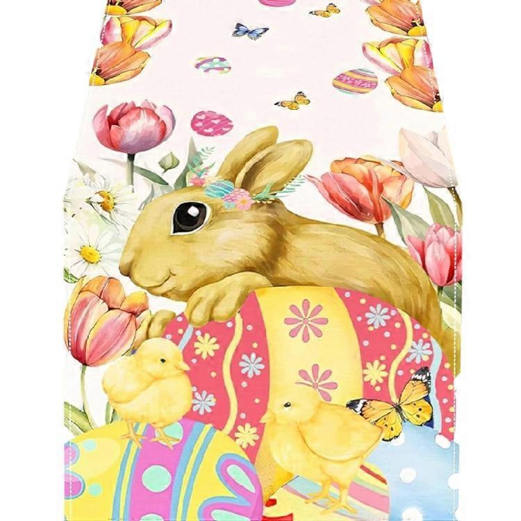 Easter Table Runner with Rabbit Eggs Pattern Washable Spring Tablecloth for Kitchen Dining Table Home Party Decorations