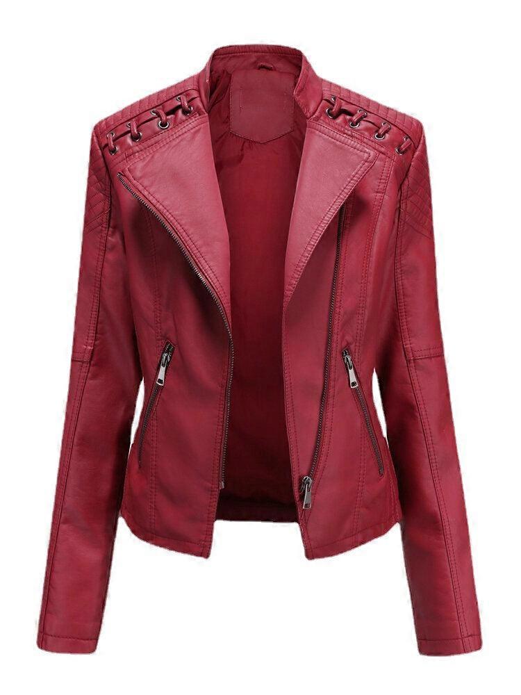 Women Faux Pu Leather Solid Color Motorcycle Jacket