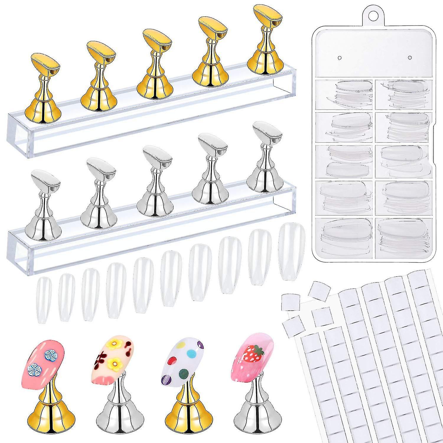 2 Sets Acrylic Nail Art Holder Magnetic Practice Display Stand With 96pcs White Reusable Adhesive Putty And 100pcs Acrylic Coffin Fake Nail Tips