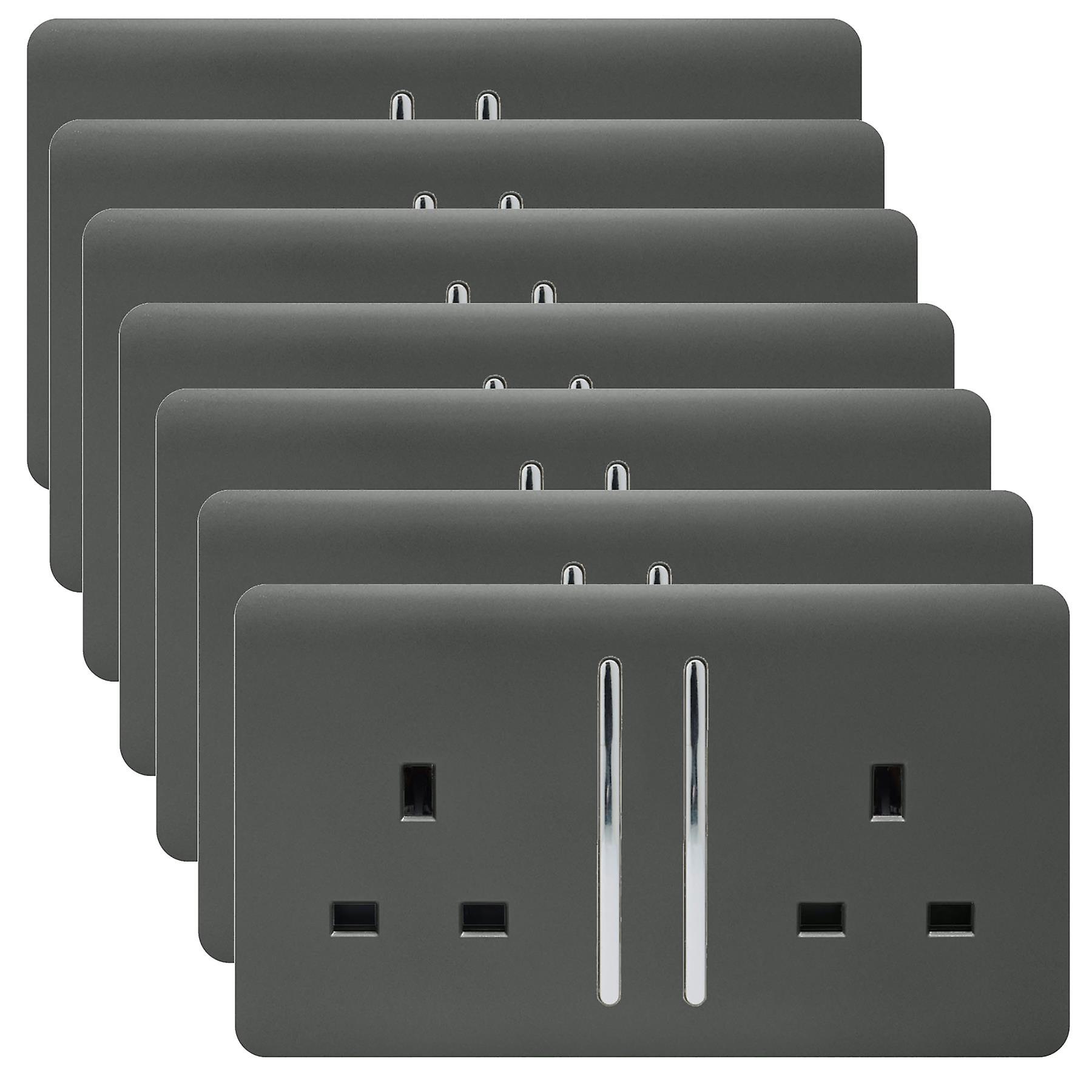 Trendi 2 Gang Artistic Modern Glossy 13 Amp Switched Tactile Plug Socket Charcoal (7 Pack)