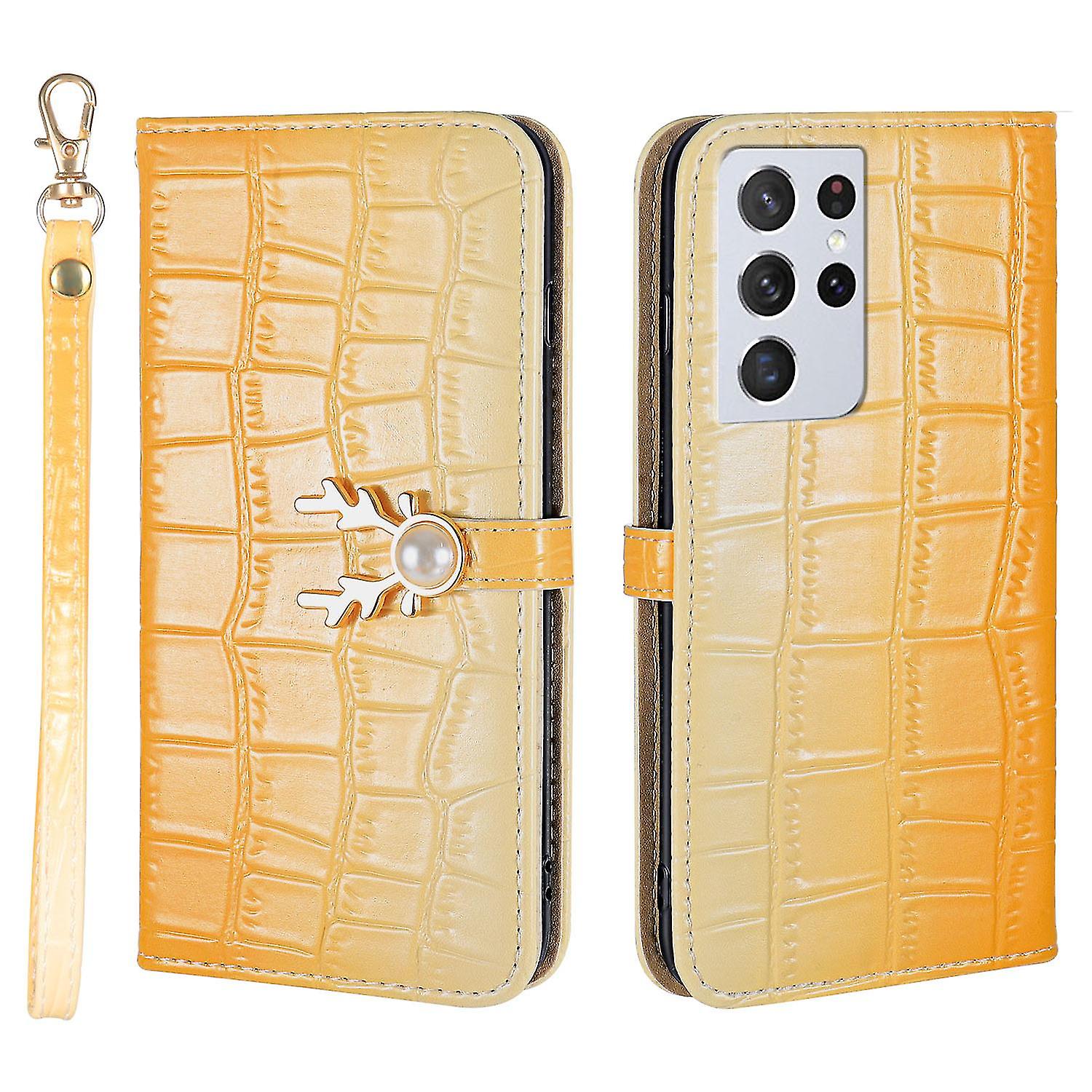 Elk Pattern Phone Case For Samsung Galaxy S21 Ultra With Card Holder, Lanyard, Pu Leather Material, Wallet Function, Corner Fall Protection