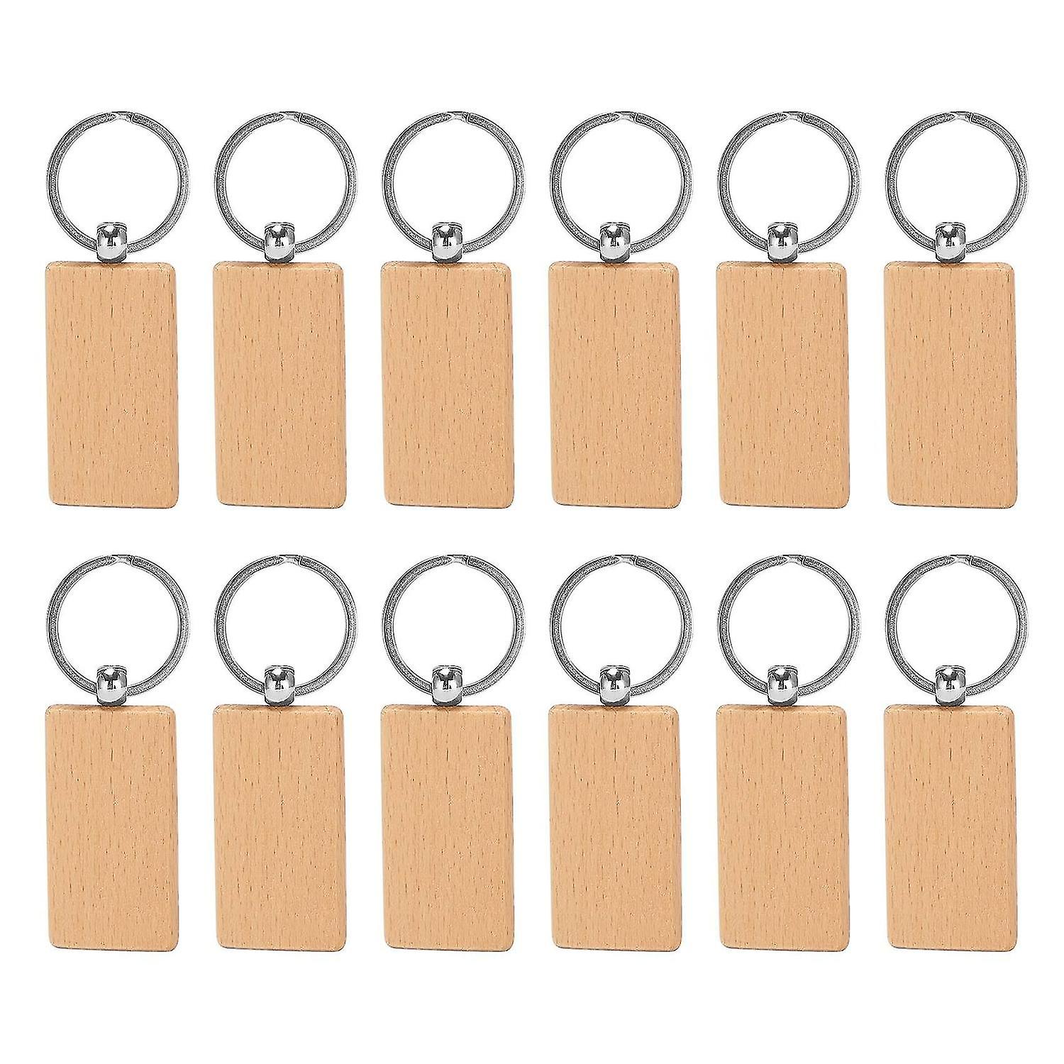 12 Pcs Blank Wooden Key Chain Rectangle Key Chain Tags Wood Keychains Key Ring for Diy Craft