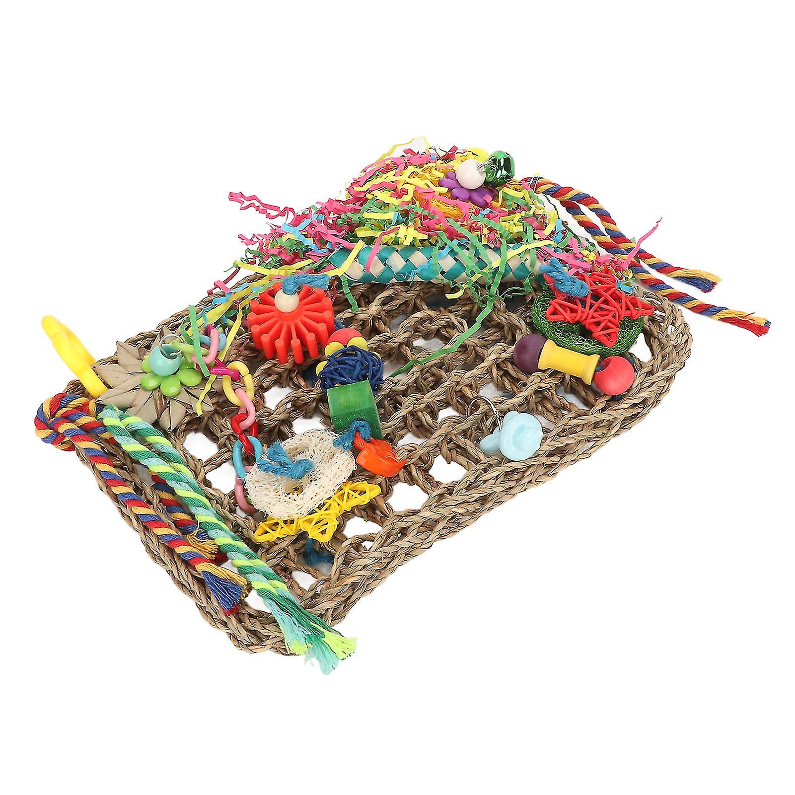Parrot Climbing Net Natural Bite Resistant Colorful Seagrass Woven Climbing Hammock Bird Foraging Toys with Hooks 