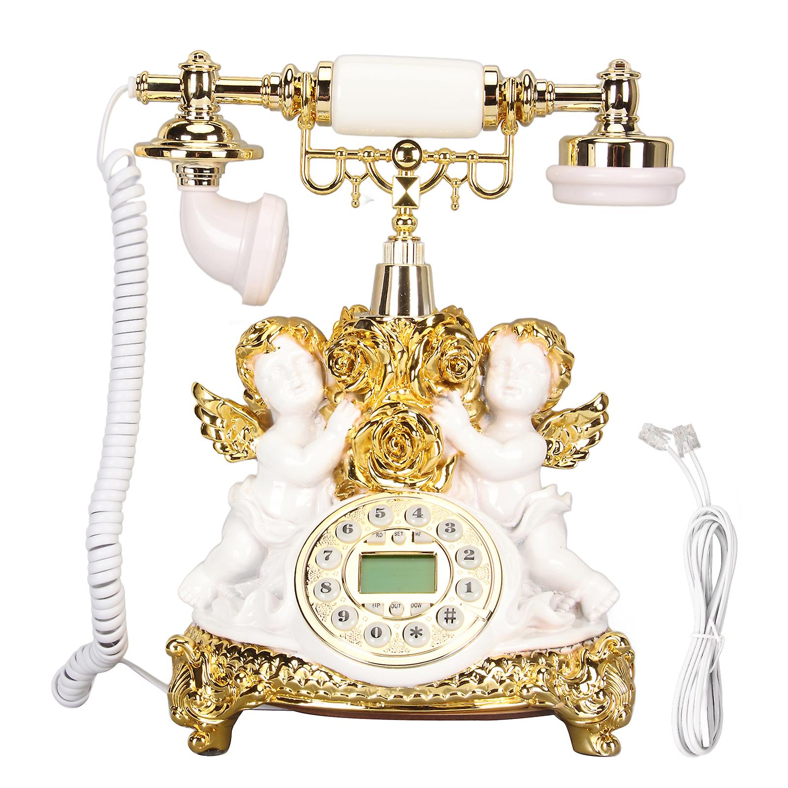 Gold Retro Landline Phone with LCD Display, Antique Push Button Telephone for Home Decor