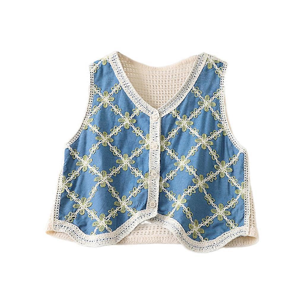 Women Button Up Crop Vests Crochet Embroidery Flower Beach Sleeveless Cardigans