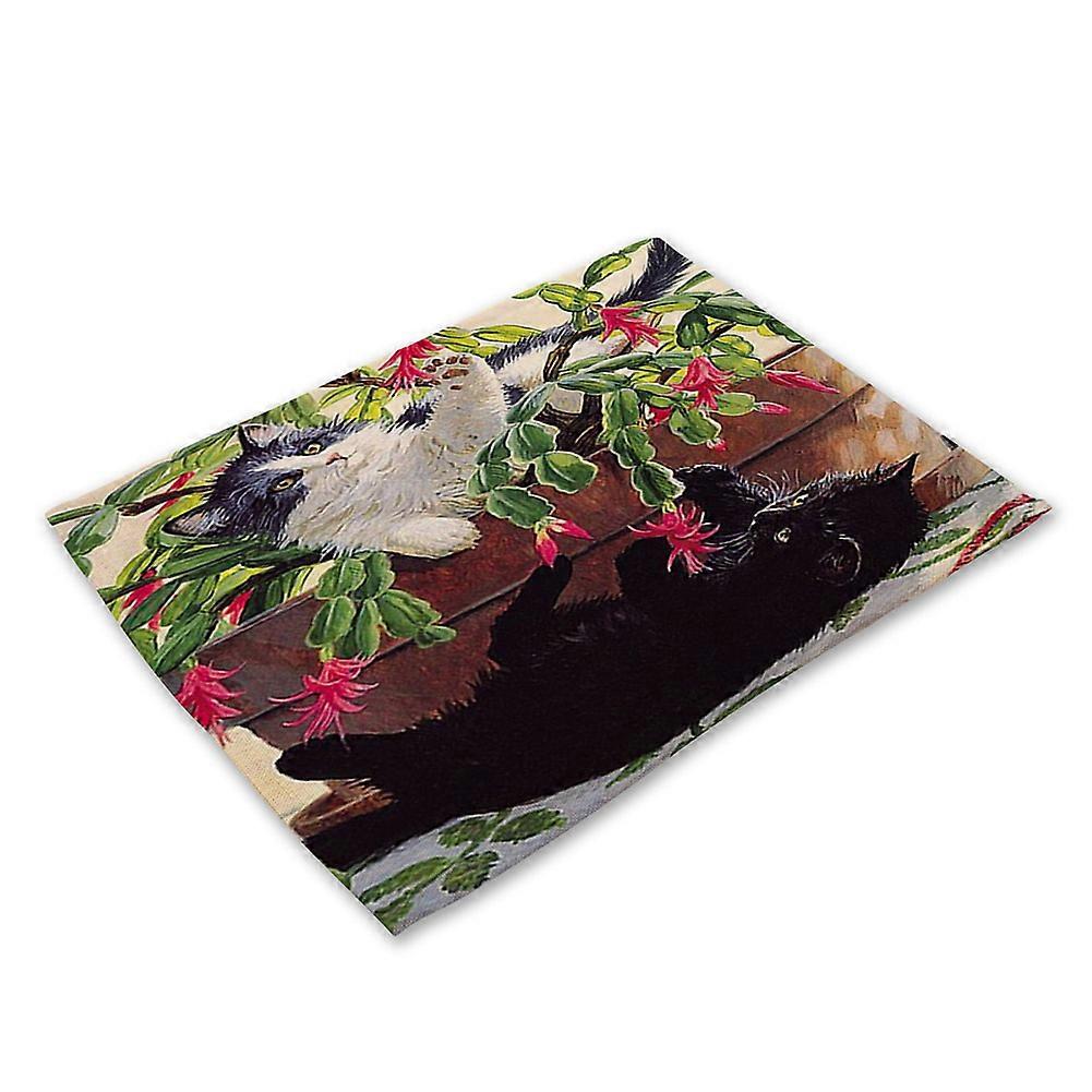 Cat Print Cotton Linen Anti-Slip Heat-insulation Placement Bowl Plate Fork Table Mat(MA0029-9)