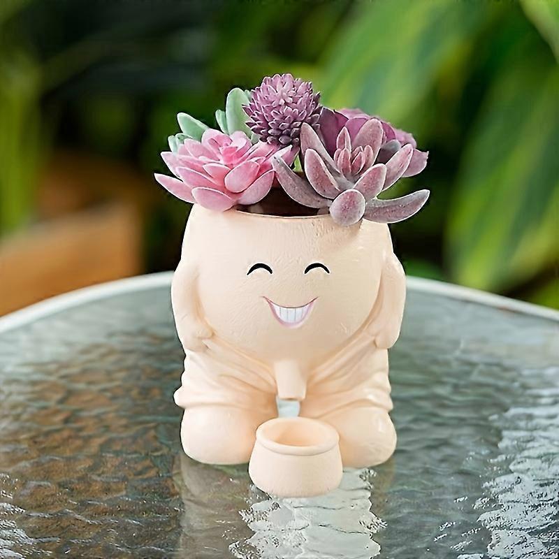 2-Piece Set of Resin Figurine Smile Planters with Drainage Holes - Perfect for Indoor and Outdoor Use
