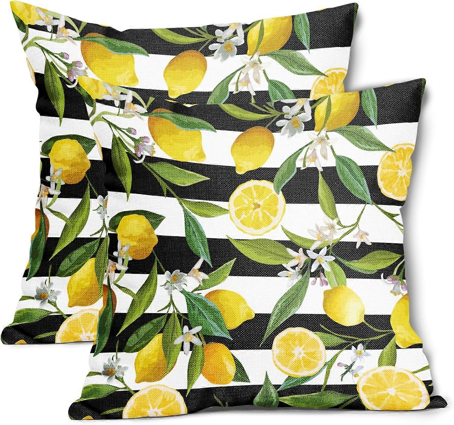 レモン枕カバー2 18x18インチのサマーフルーツと花柄の黒と白のストライプコットンリネン装飾スロー枕カバーベッド用クッションカバーのセット