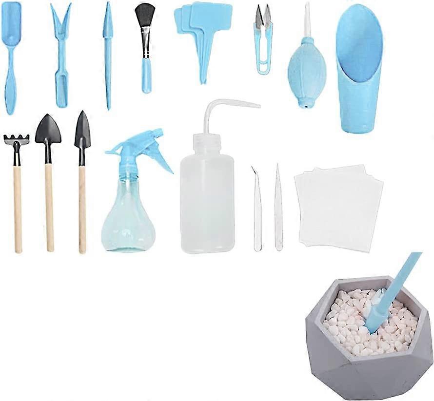 16 Piece Garden Tool Set, Mini Potted Cactus Garden Tool Set, Succulent Plants And Succulent Tools, Blue