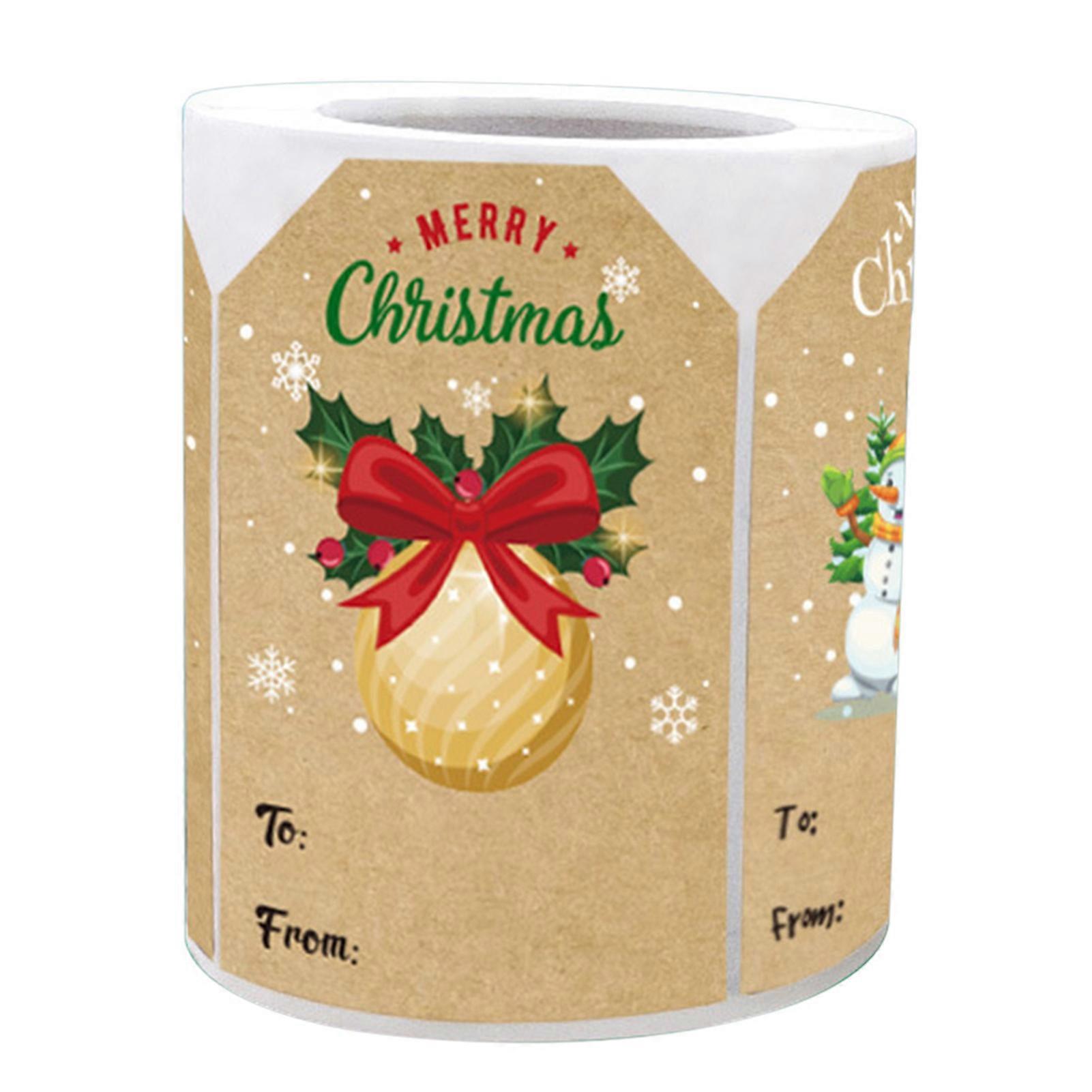 250Pcs/Roll Christmas Gift Tags Stickers Self-Adhesive Kraft Paper Clear Printed Pattern Fade-resistant Xmas Decals