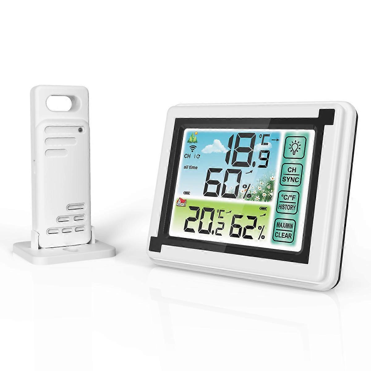 Weather Station Clock Indoor Outdoor Wireless Thermometers Large Screen Display Touch Control Backlight Memory Function with 1 Waterproof Sensor