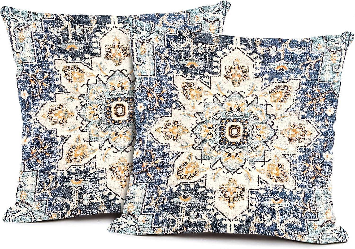 2Pcs Capa de Almofada Boho Azul com Padrão Étnico 16x16 Polegadas Capa de Almofada Sudoeste Fazenda Decoração de Casa Capa de Almofada de Linho de Algodão Capa de Almofada para Sof