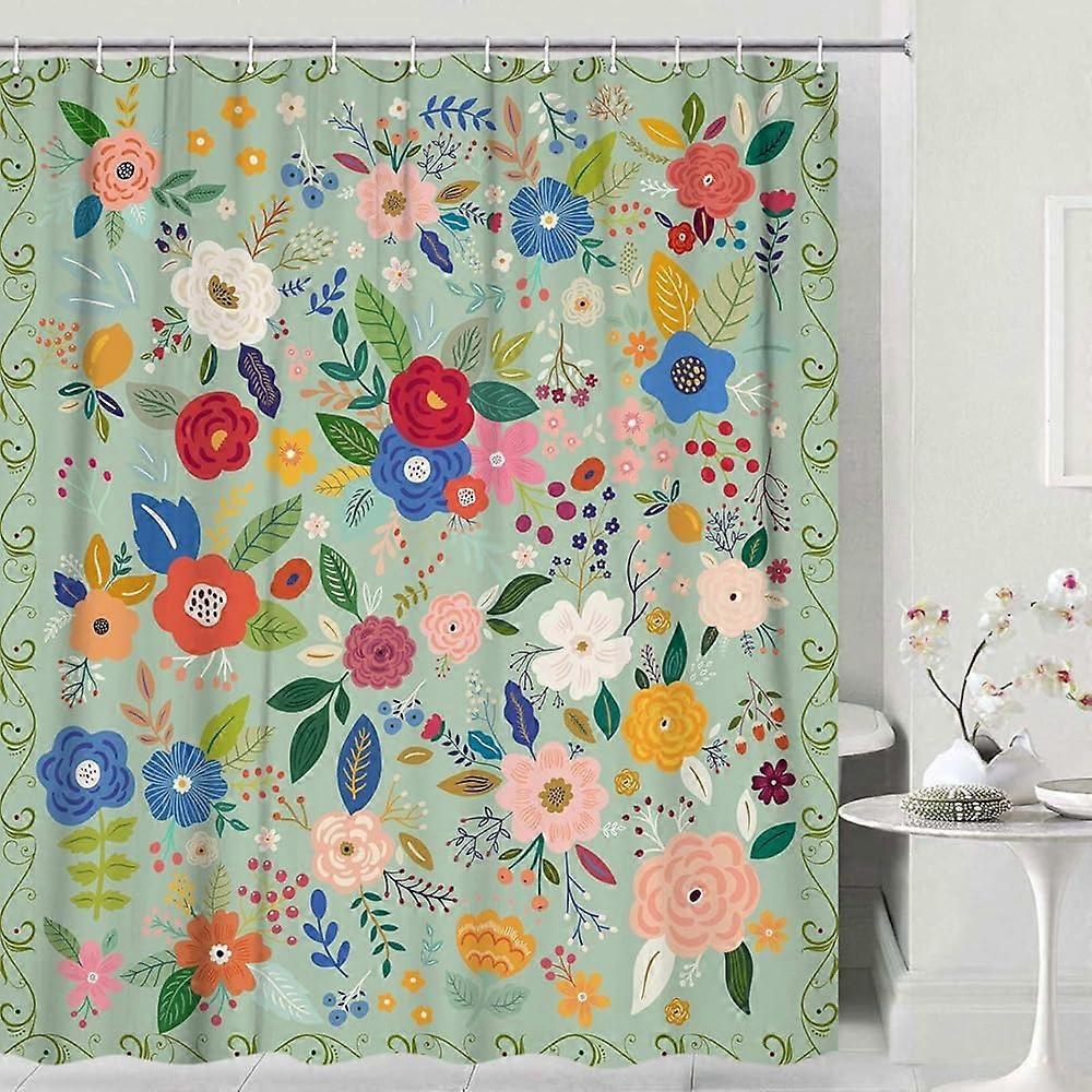 バスルーム用花のシャワーカーテン、ティールグリーンの花のバスカーテン水彩画の女の子のシャワーカーテン花のシャワーカーテンフック付きピンクの花のシャワーカーテンセット