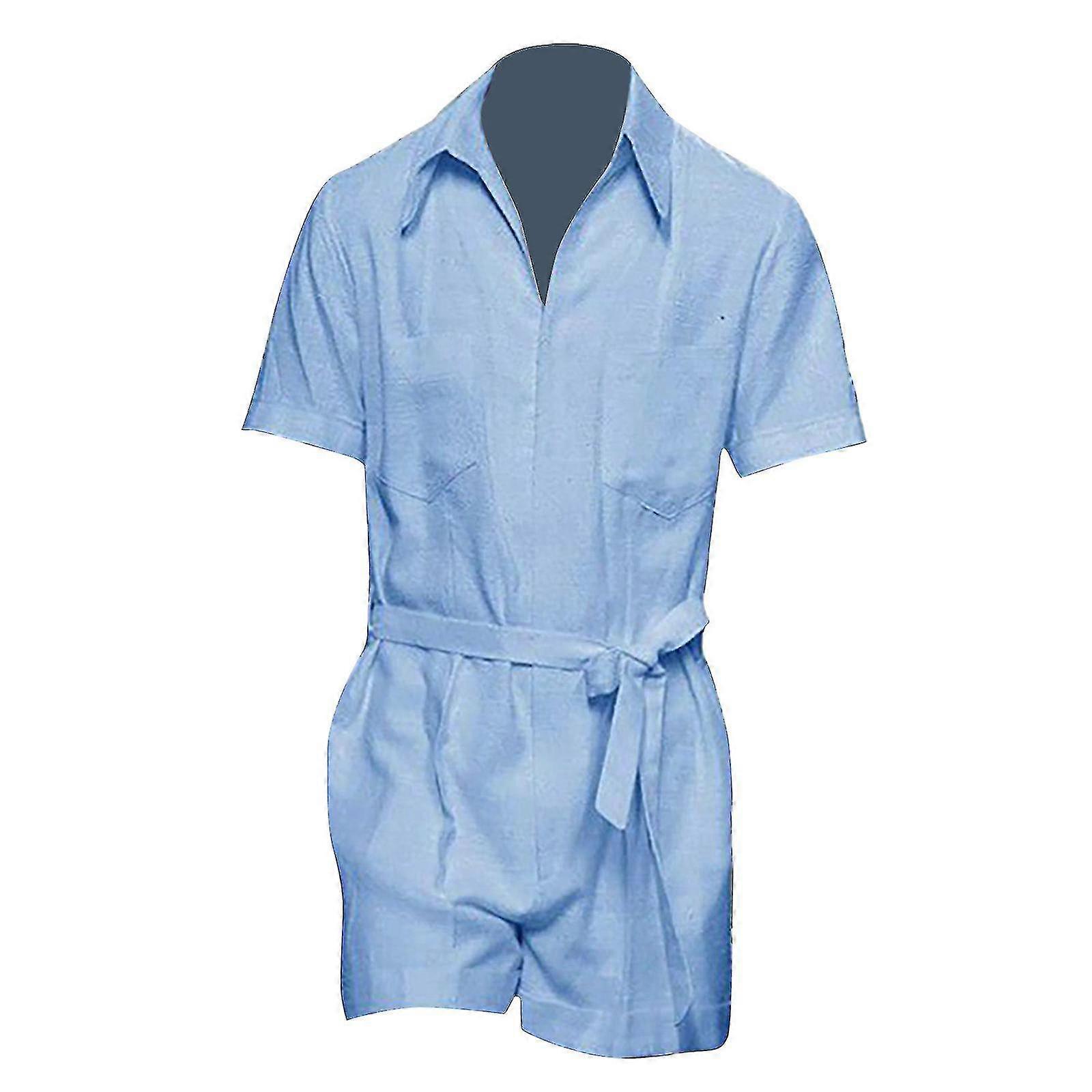 Men'S Jumpsuit Summer Solid Color Slim Cotton Linen Suit Belted Jumpsuit