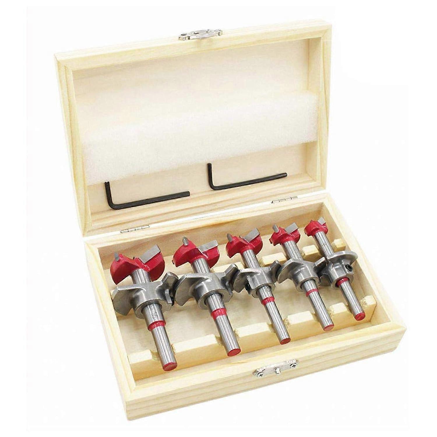 Wood Drill Bits,Box of 5 (15-35 mm) with Adjustable Positioning, Cemented Carbide Hole Saw with Depth Stop (Depth Range 10-40 mm)