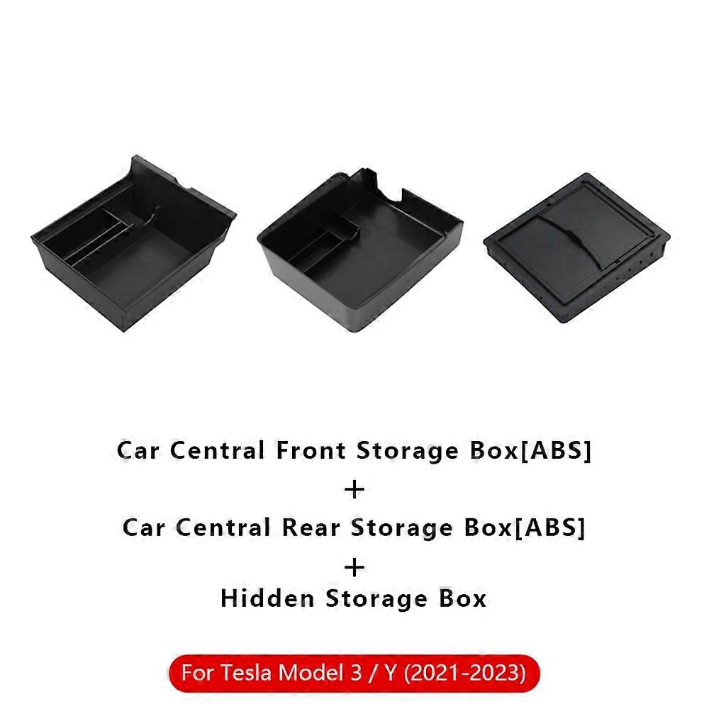 For Tesla Model 3 Y Hidden Storage Box Car Center Console Armrest Front and Rear Flocking Layered Grid Organized Container Slide