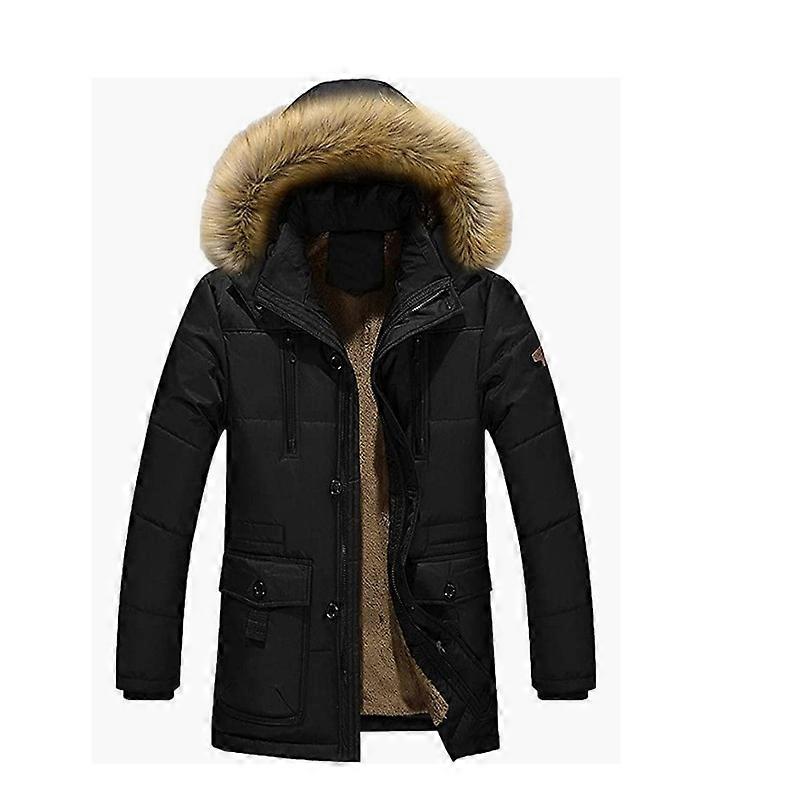 Mens Winter Jacket with Fur Hood, Zipper Buttons Hooded Winter