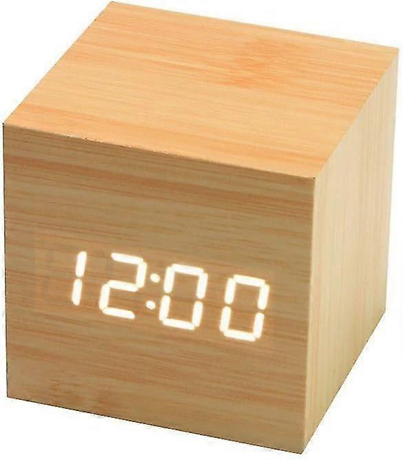 Holz Digital Cube Wecker Portable Travel Clock Display Zeit Temperatur Kalender Gelb