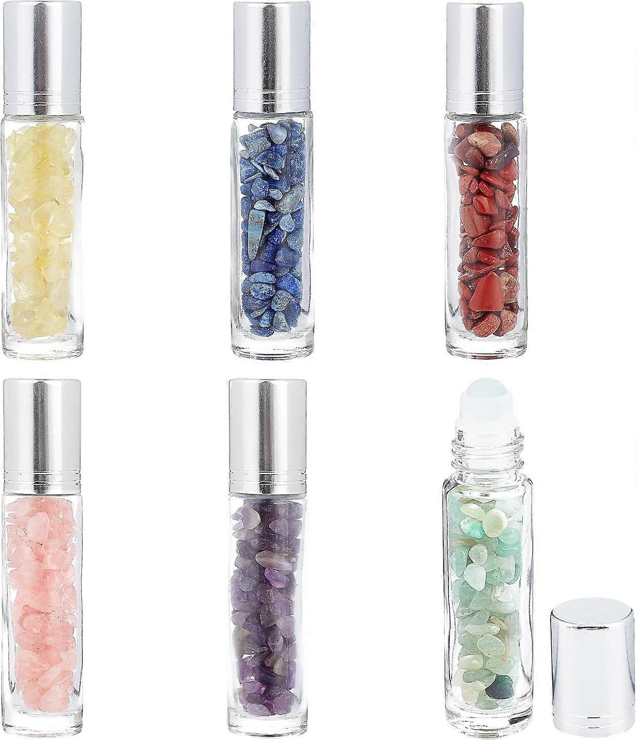 10ml Gemstone Roller Bottles 6pcs Natural Stone Glass Essential Oil Bottles 10ml Crystal Chips Roll On Bottles Perfume Stone Chips Sample Vial for Cos