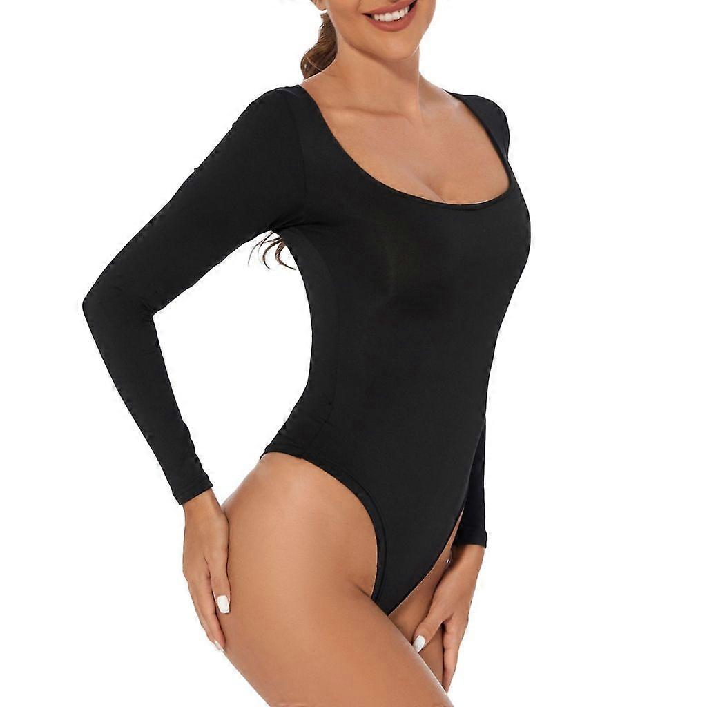 Womens Long Sleeve Square Neck Bodysuits Plain Solid Color Slim-Fitted Jumpsuit
