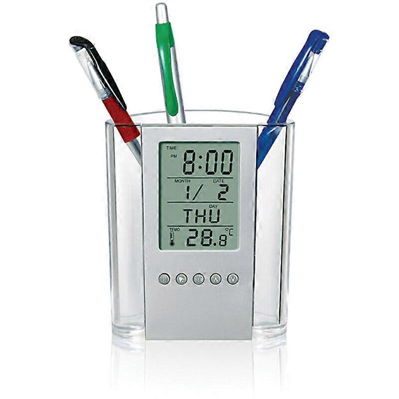 Kugelschreiber Bleistifthalter Digitaler LCD-Schreibtisch Wecker Stifthalter Kalender Timer Temperatur Schreibtisch Elektronische Uhr Büro